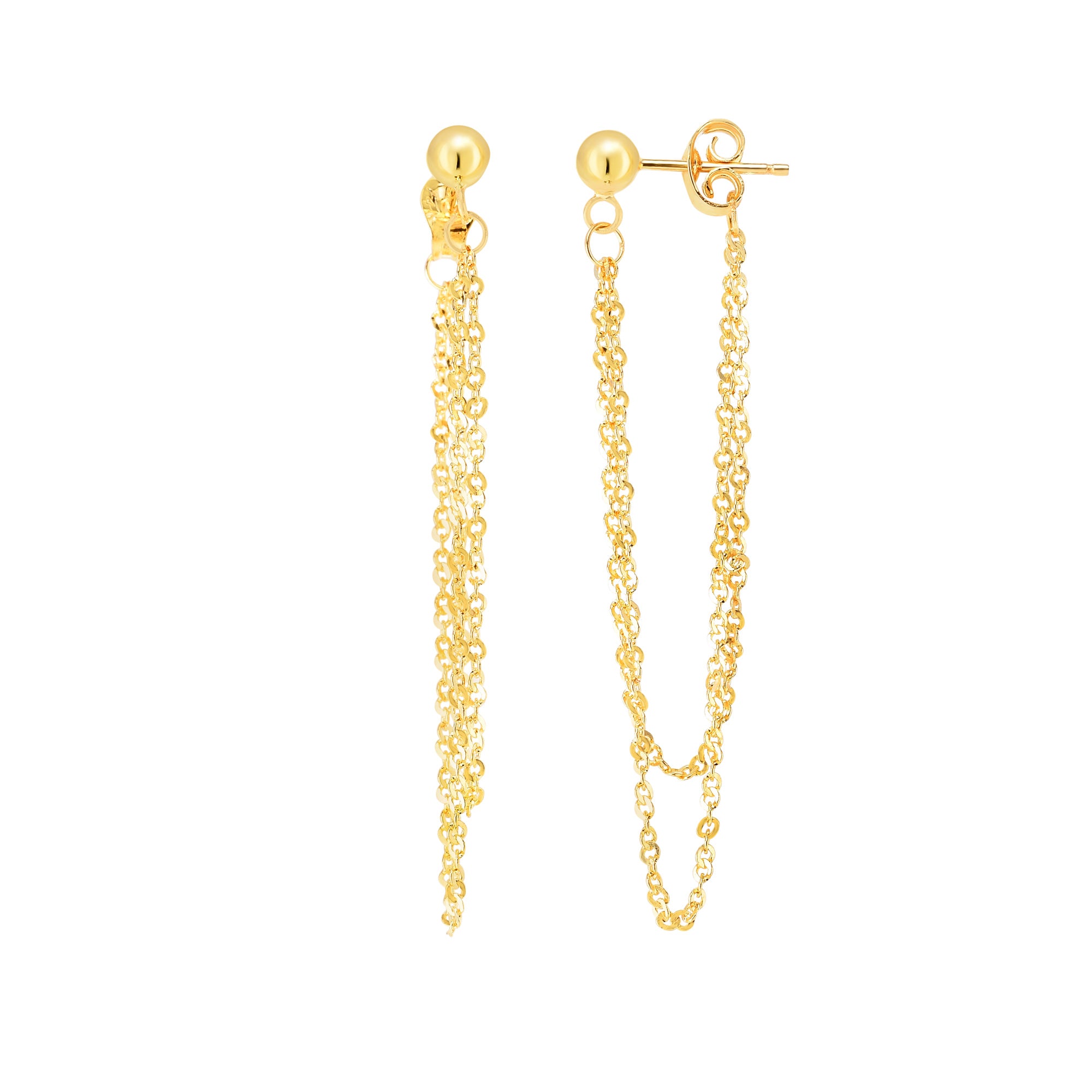 14K Yellow Gold Multi Stranded Cable Chain Front And Back Style Drop Earrings fine designer jewelry for men and women