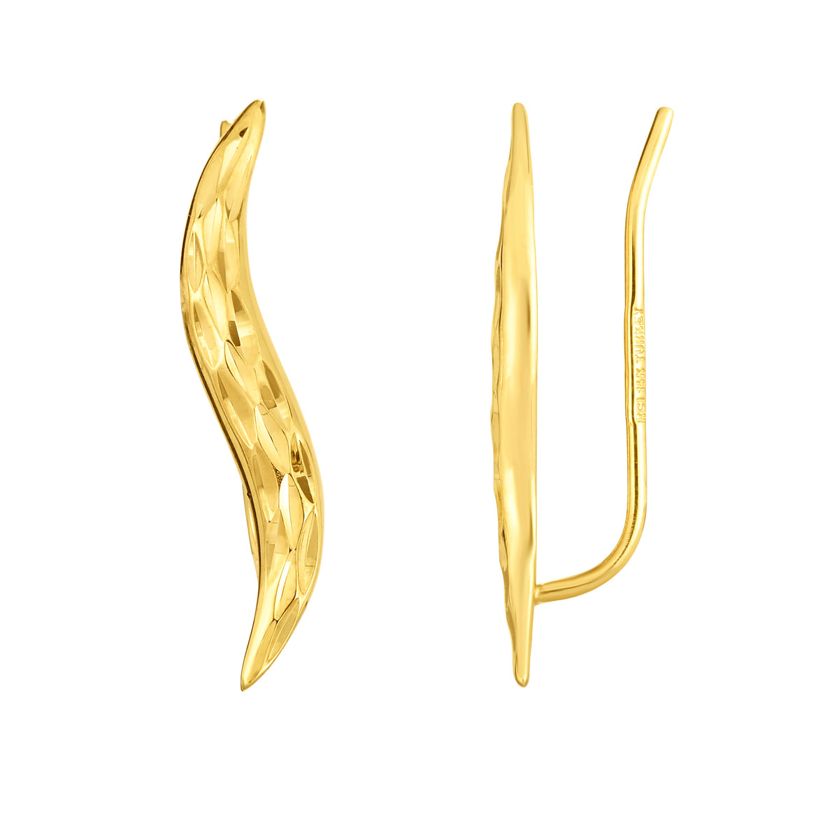 14K Yellow Gold Diamond Cut Leaf Climber Earrings fine designer jewelry for men and women
