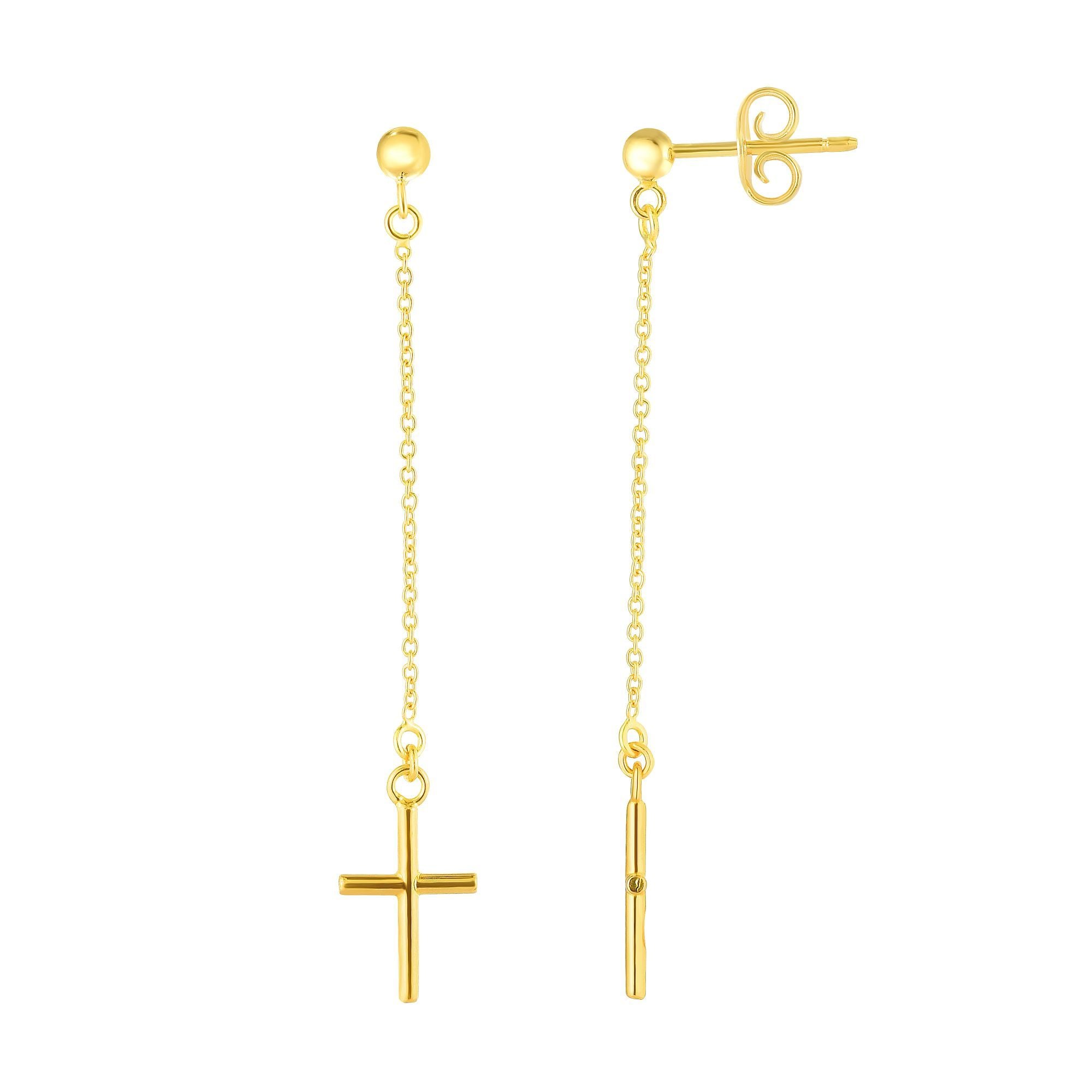 14K Yellow Gold Hanging Cross Charm Earrings fine designer jewelry for men and women