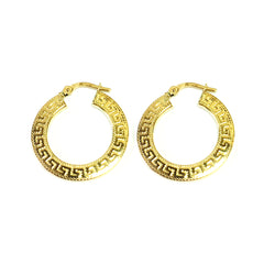 14K Yellow Gold Small Greek Key Textured Hoop Earrings, Diameter 22mm fine designer jewelry for men and women