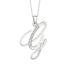 "G" Sterling Silver Rhodium Plated Script Initial Letter With Diamonds On 18 Inch Chain ( 0.05 Tcw)