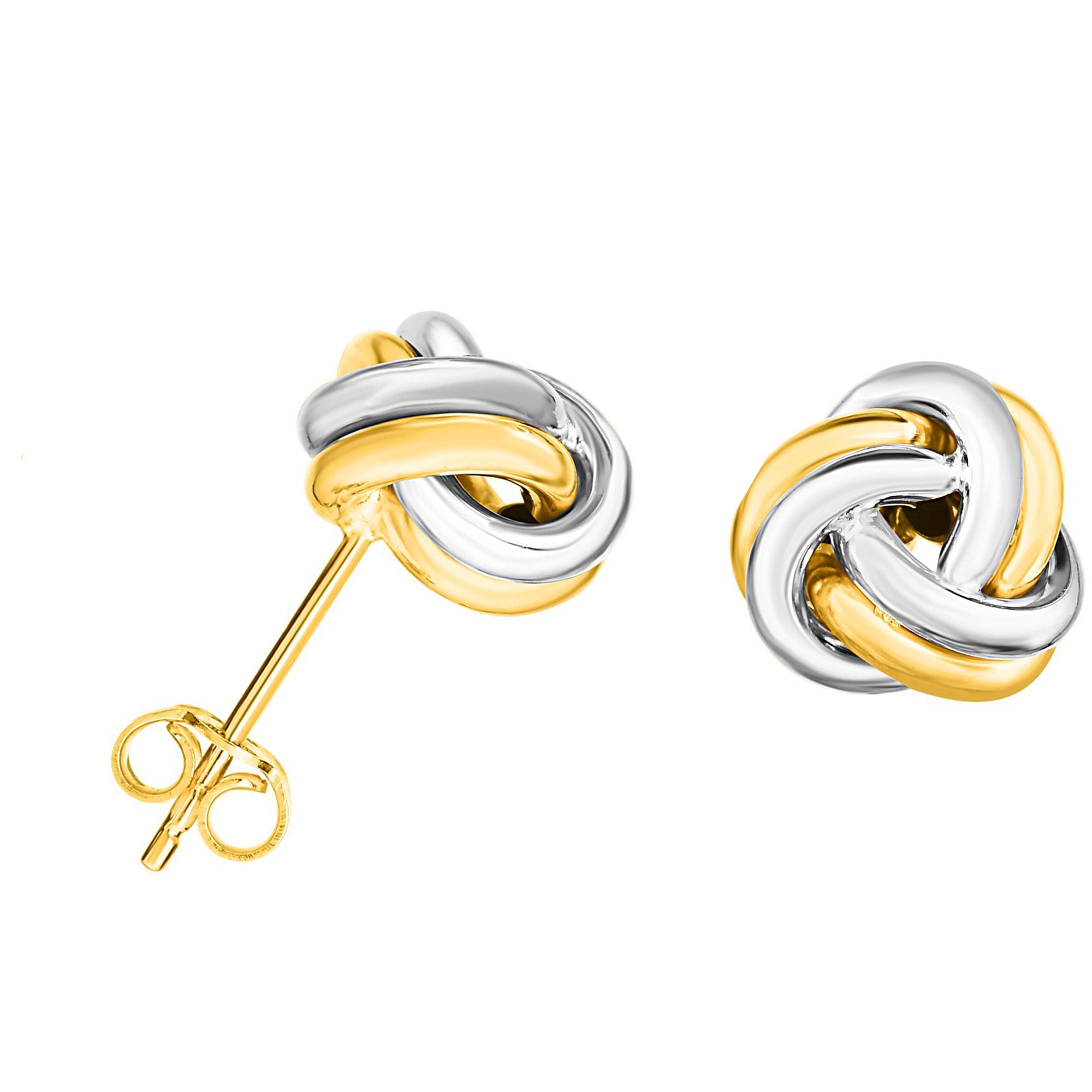 14k Two Tone Gold Shiny Double Row Round Tube Love Knot Stud Earrings, 10mm fine designer jewelry for men and women