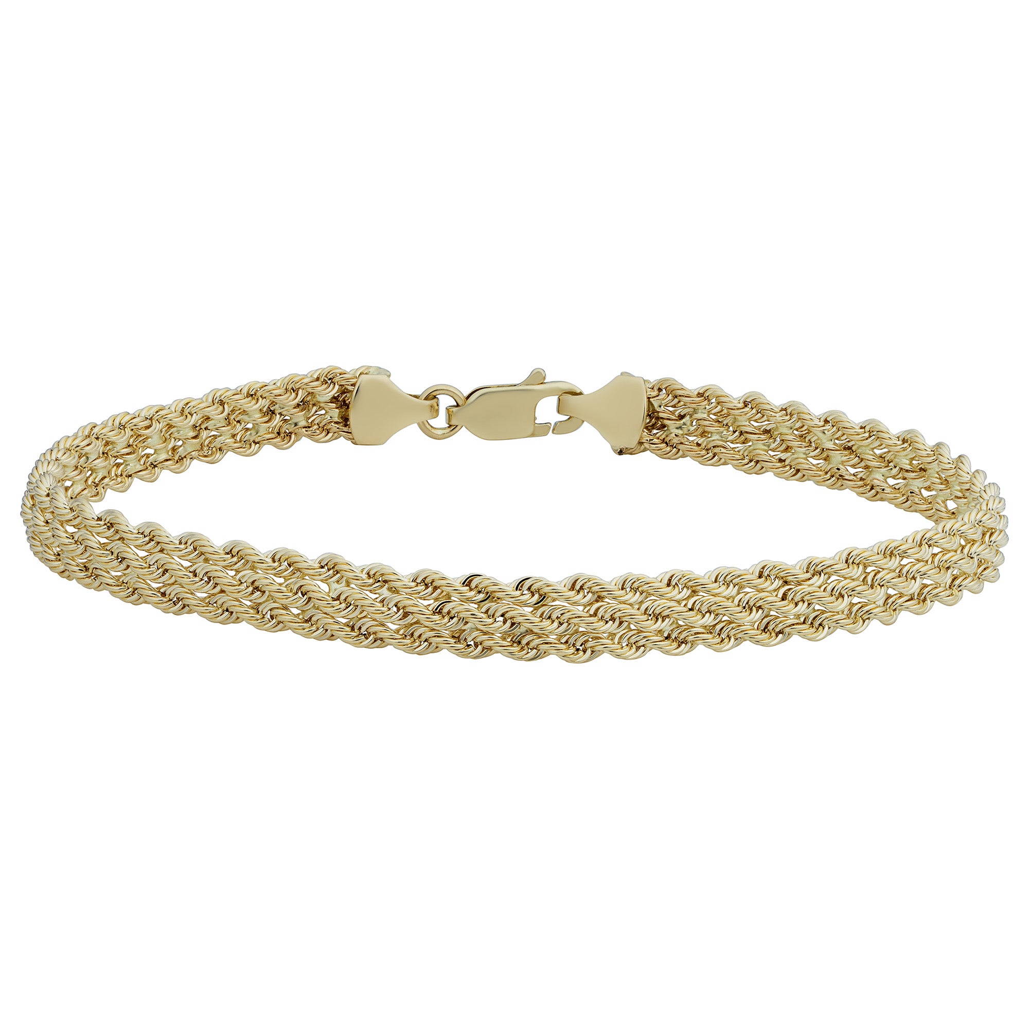 10k Yellow Gold Triple Row Semi Solid Rope Bracelet, 7.5" fine designer jewelry for men and women