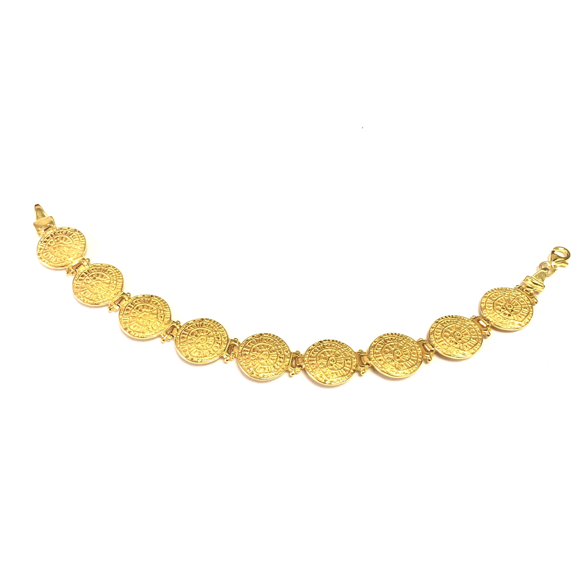 Sterling Silver 18k Gold Overlay Phaistos Disc Link Bracelet, 7" fine designer jewelry for men and women