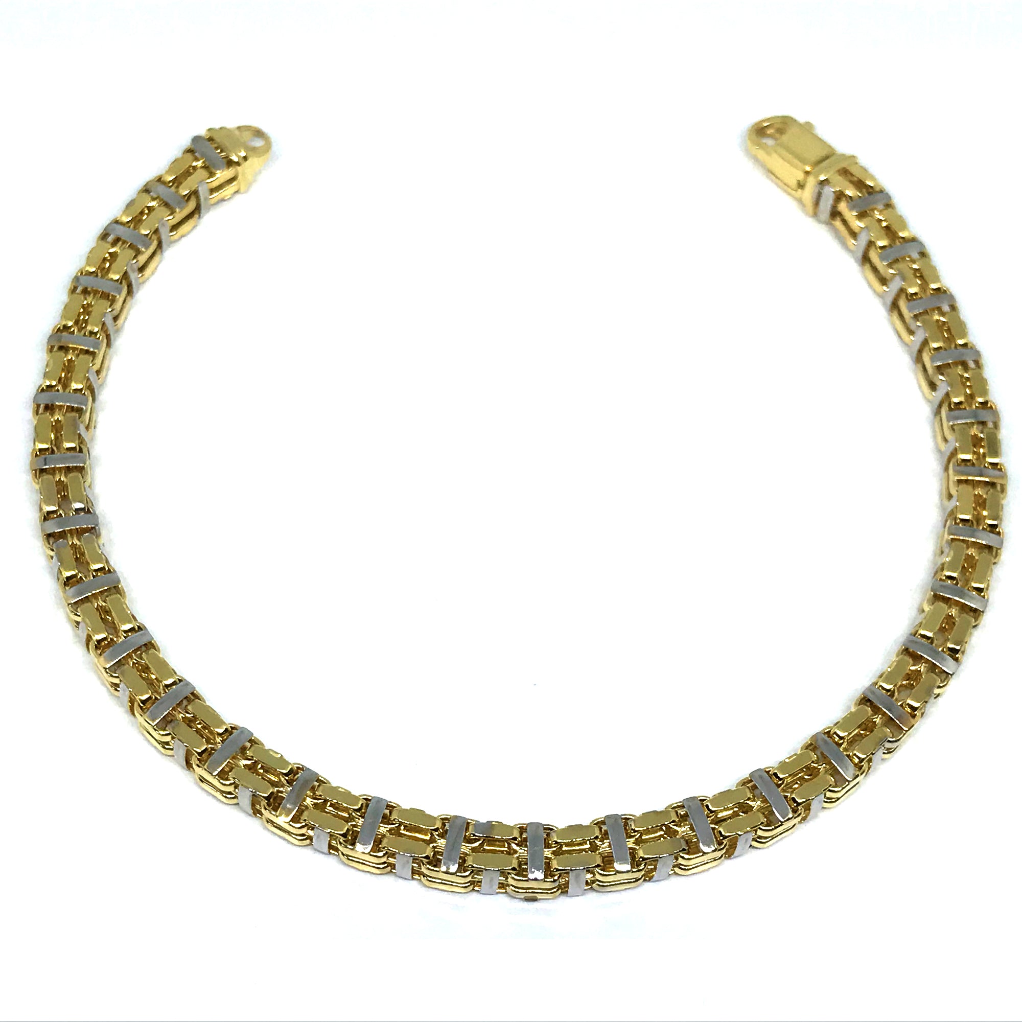 14k Yellow And White Gold Box Link Mens Fancy Bracelet, 8.5" fine designer jewelry for men and women