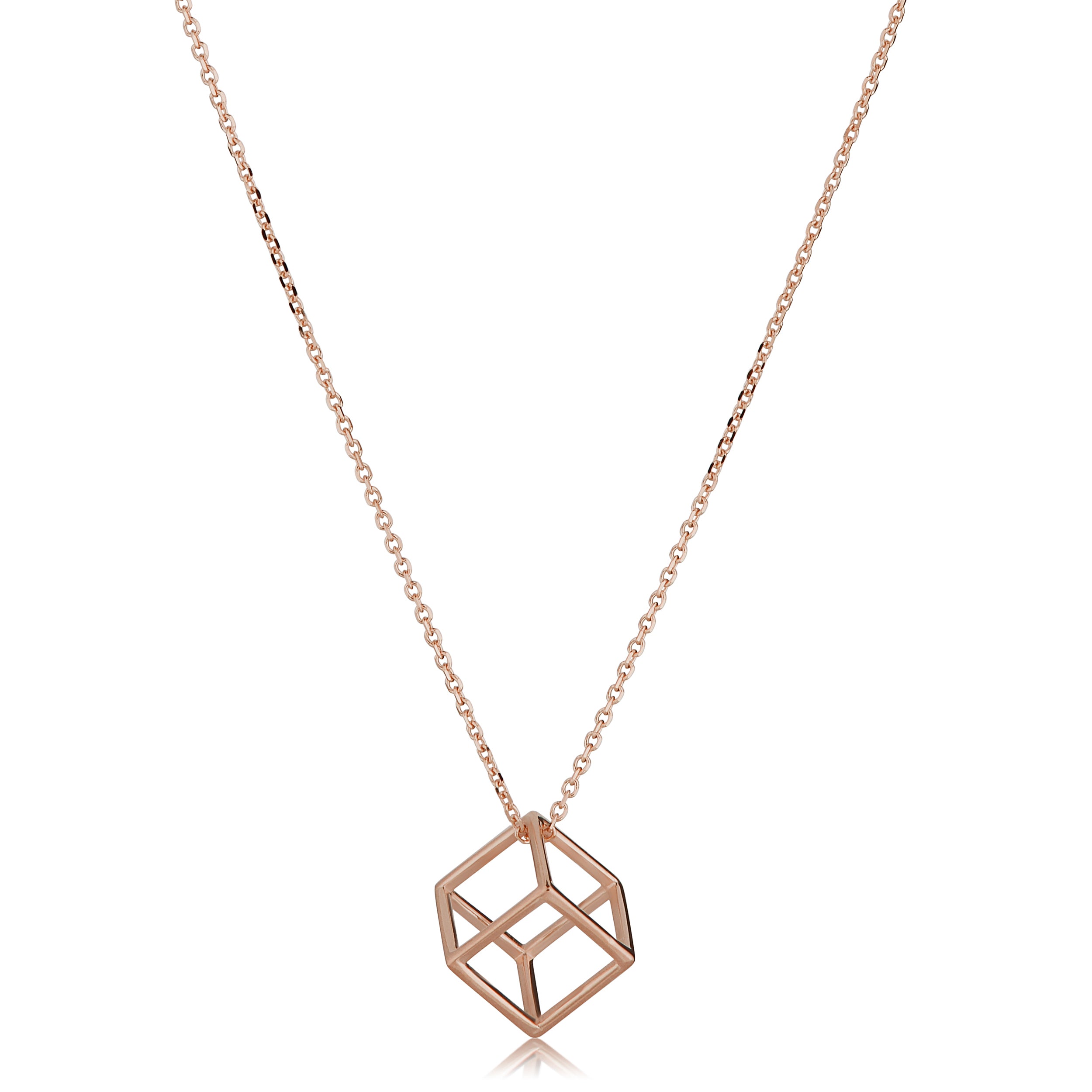 14k Rose Gold 3D Cube Pendant Adjustable Necklace, 18" fine designer jewelry for men and women