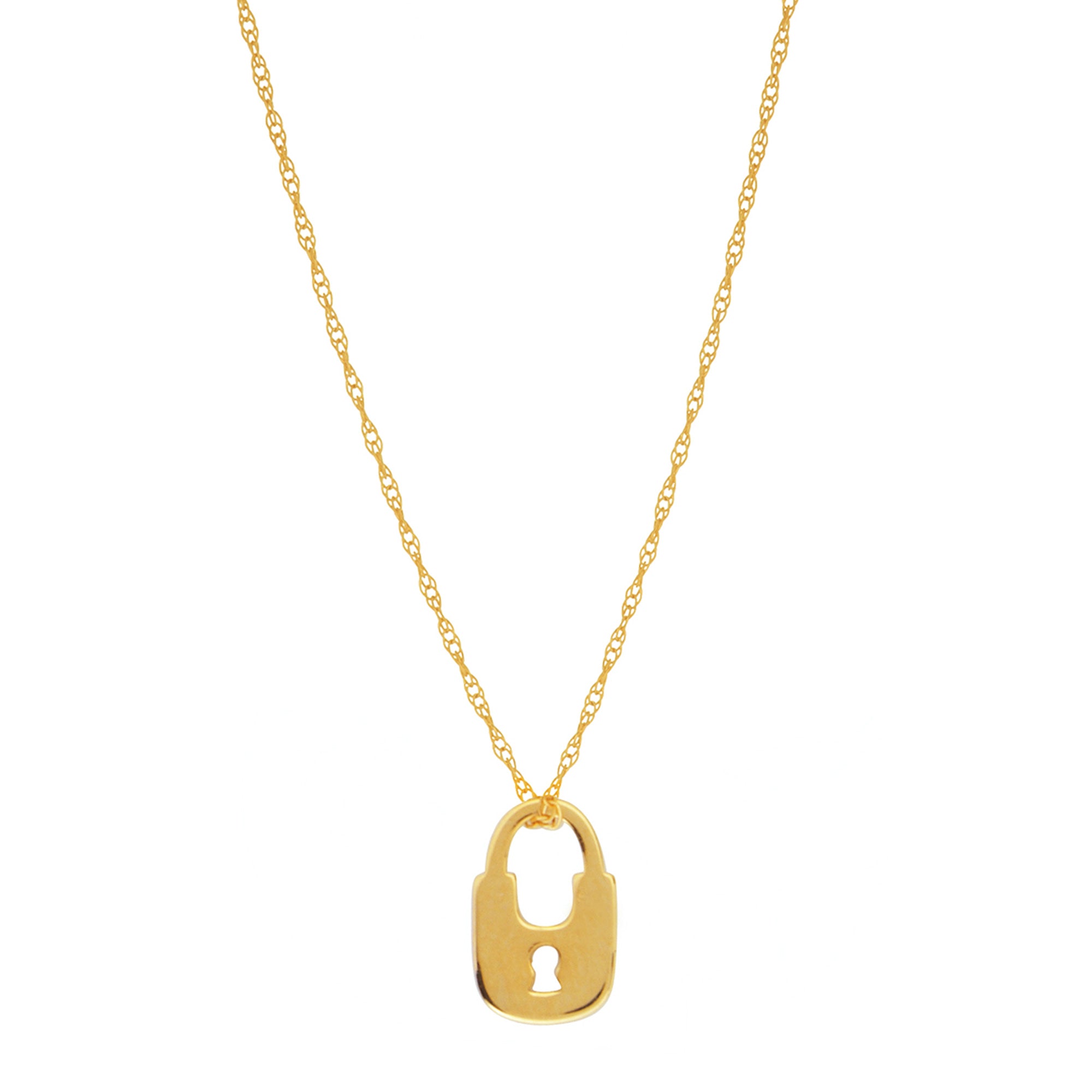 14K Yellow Gold Mini Lock Pendant Necklace, 16" To 18" Adjustable fine designer jewelry for men and women