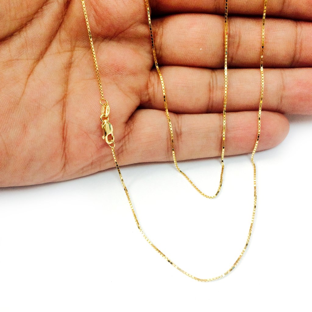 18k Yellow Solid Gold Mirror Box Chain Necklace, 0.8mm fine designer jewelry for men and women