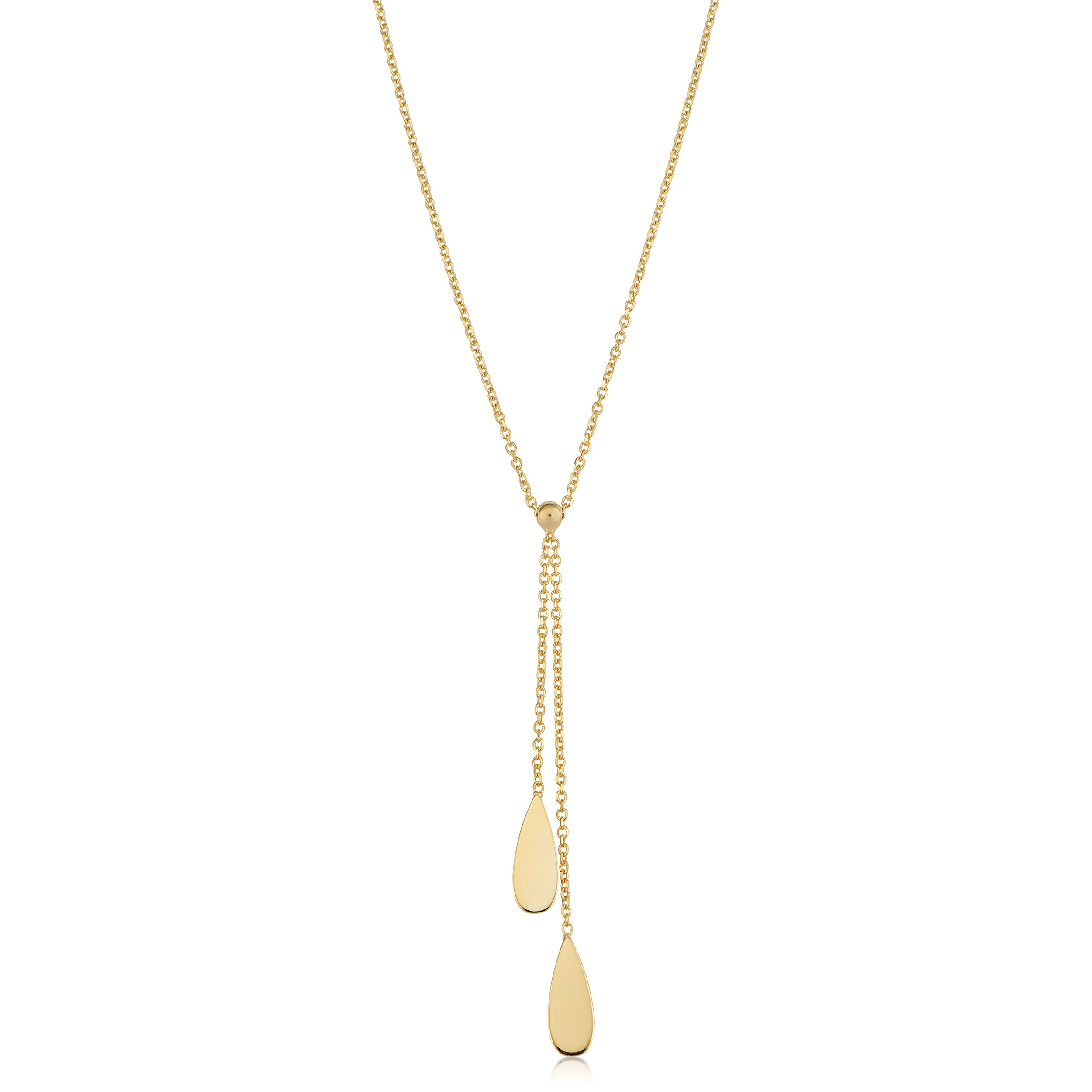 14K Yellow Gold Double Teardrop Charms On 18" Lariat Necklace fine designer jewelry for men and women