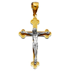 14k 2 Tone Gold Textured Finish Clover Tips Crucifix Pendant fine designer jewelry for men and women