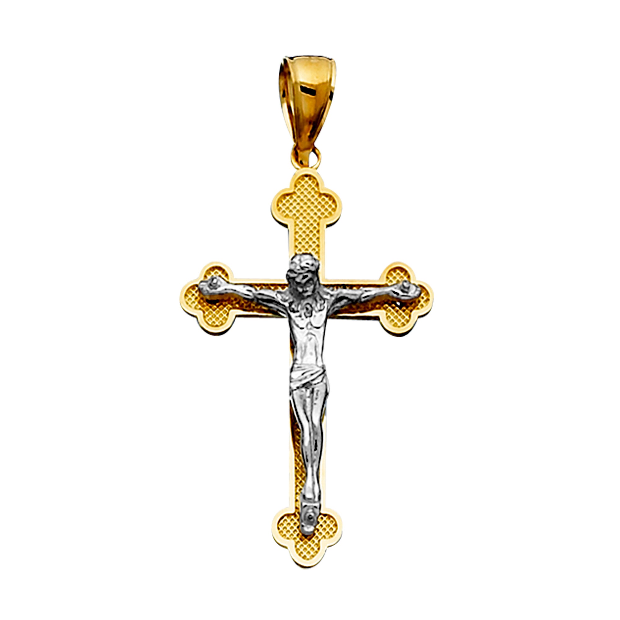 14k 2 Tone Gold Textured Finish Clover Tips Crucifix Pendant fine designer jewelry for men and women