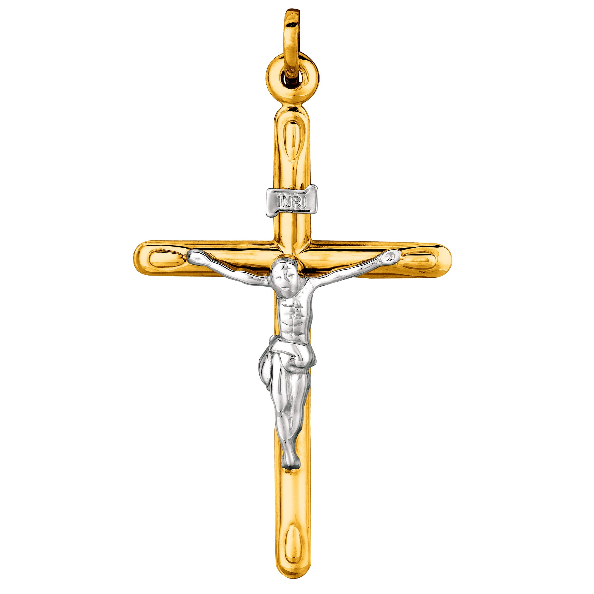 14k 2 Tone Gold Round Tube Crucifix Pendant fine designer jewelry for men and women