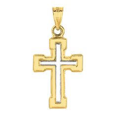 14k 2 Tone Gold Shiny Finish Square Tube Cross Pendant fine designer jewelry for men and women