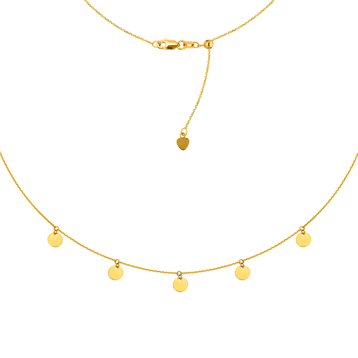5 Dangle Mini Disc Choker 14k Gold Necklace, 16" Adjustable fine designer jewelry for men and women