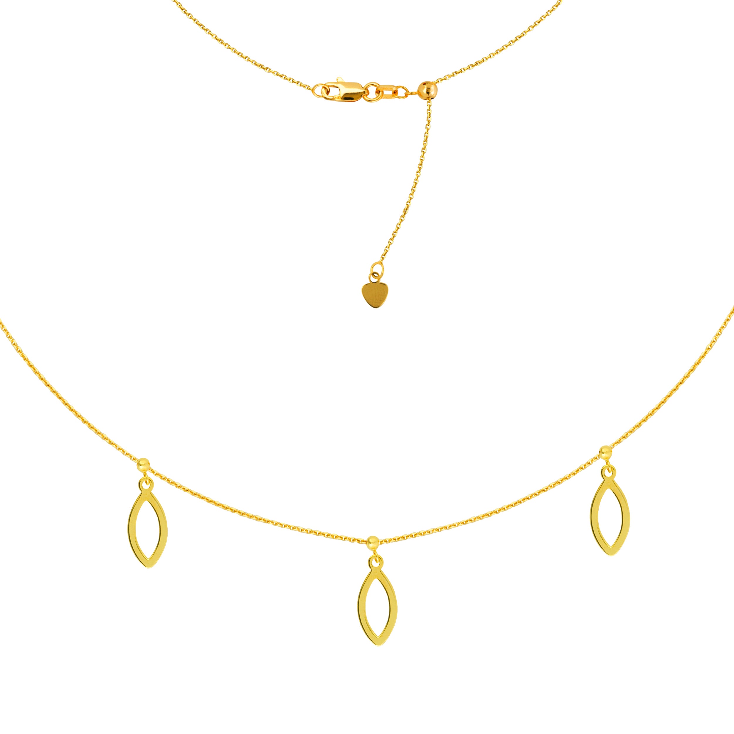 Triple Dangle Marquise Charm Choker 14k Yellow Gold Necklace, 16" Adjustable fine designer jewelry for men and women