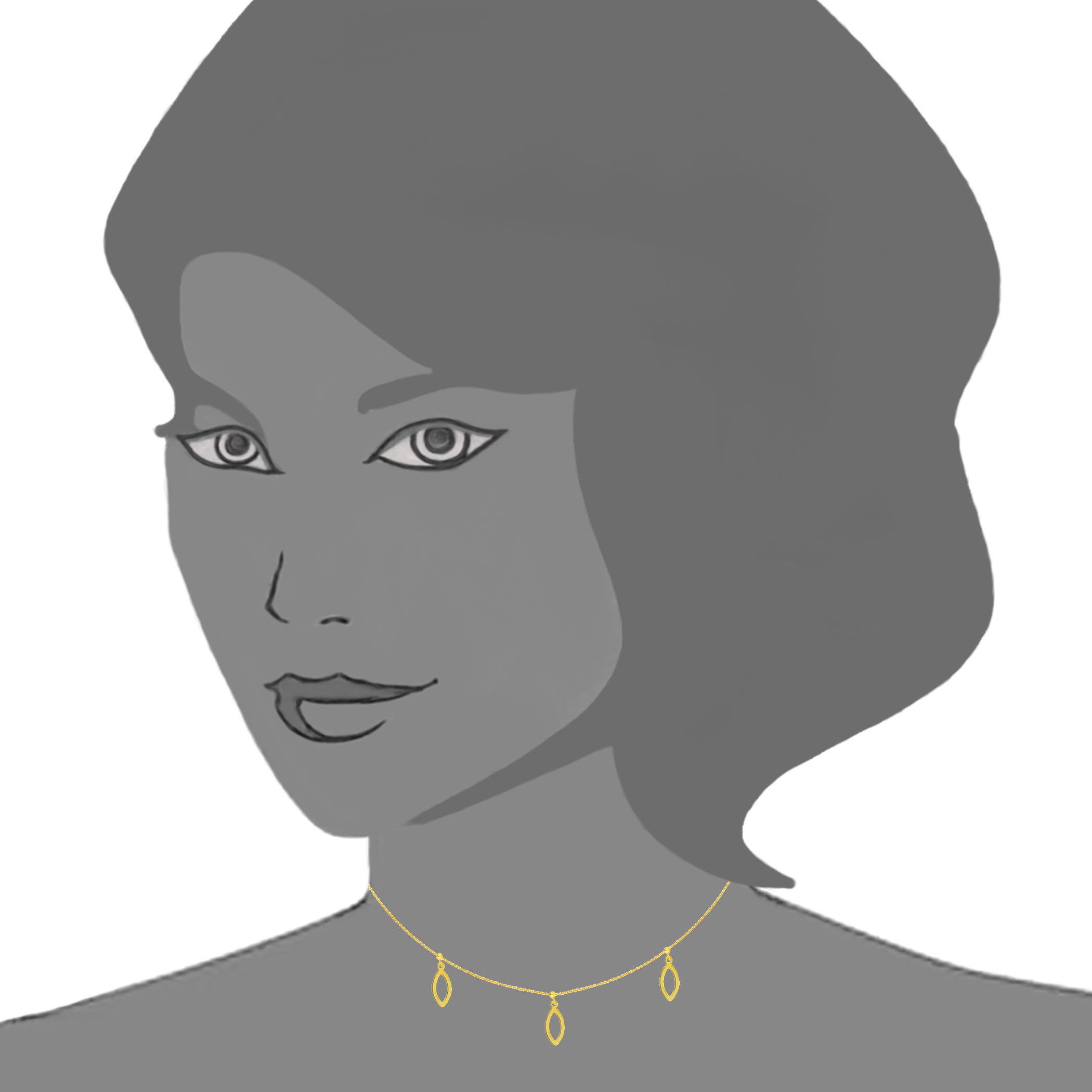 Triple Dangle Marquise Charm Choker 14k Yellow Gold Necklace, 16" Adjustable fine designer jewelry for men and women