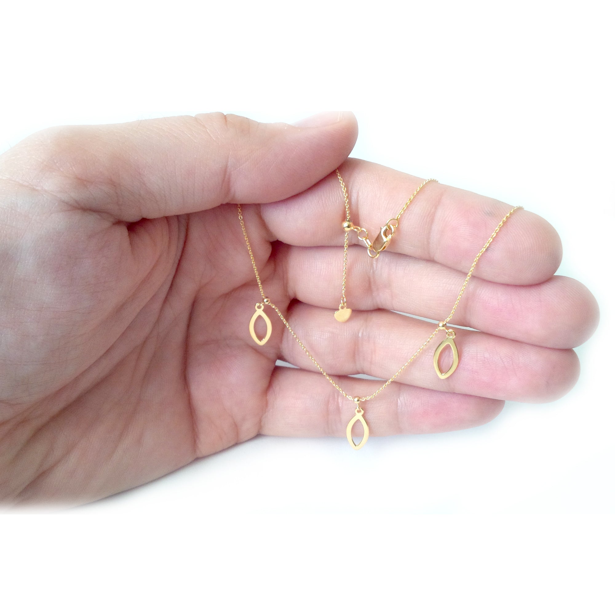 Triple Dangle Marquise Charm Choker 14k Yellow Gold Necklace, 16" Adjustable fine designer jewelry for men and women