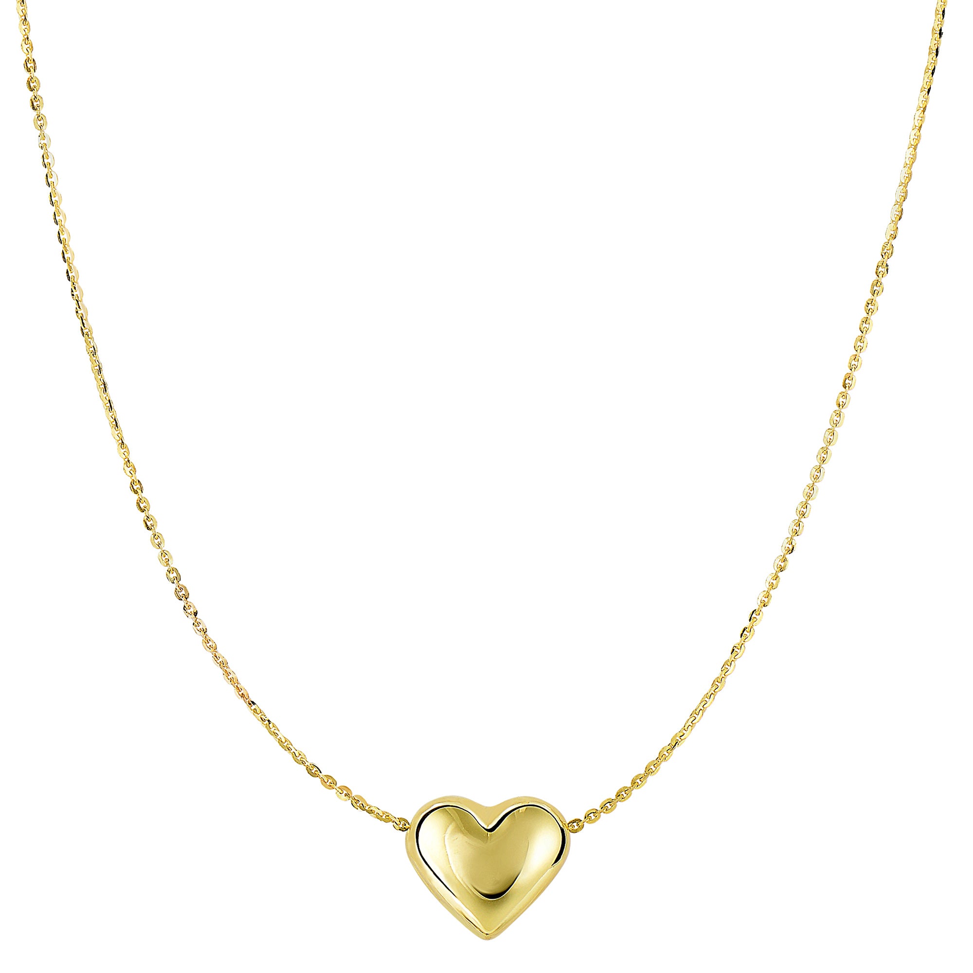 14k Yellow Gold Sliding Puffed Heart Pendant Necklace, 18" fine designer jewelry for men and women