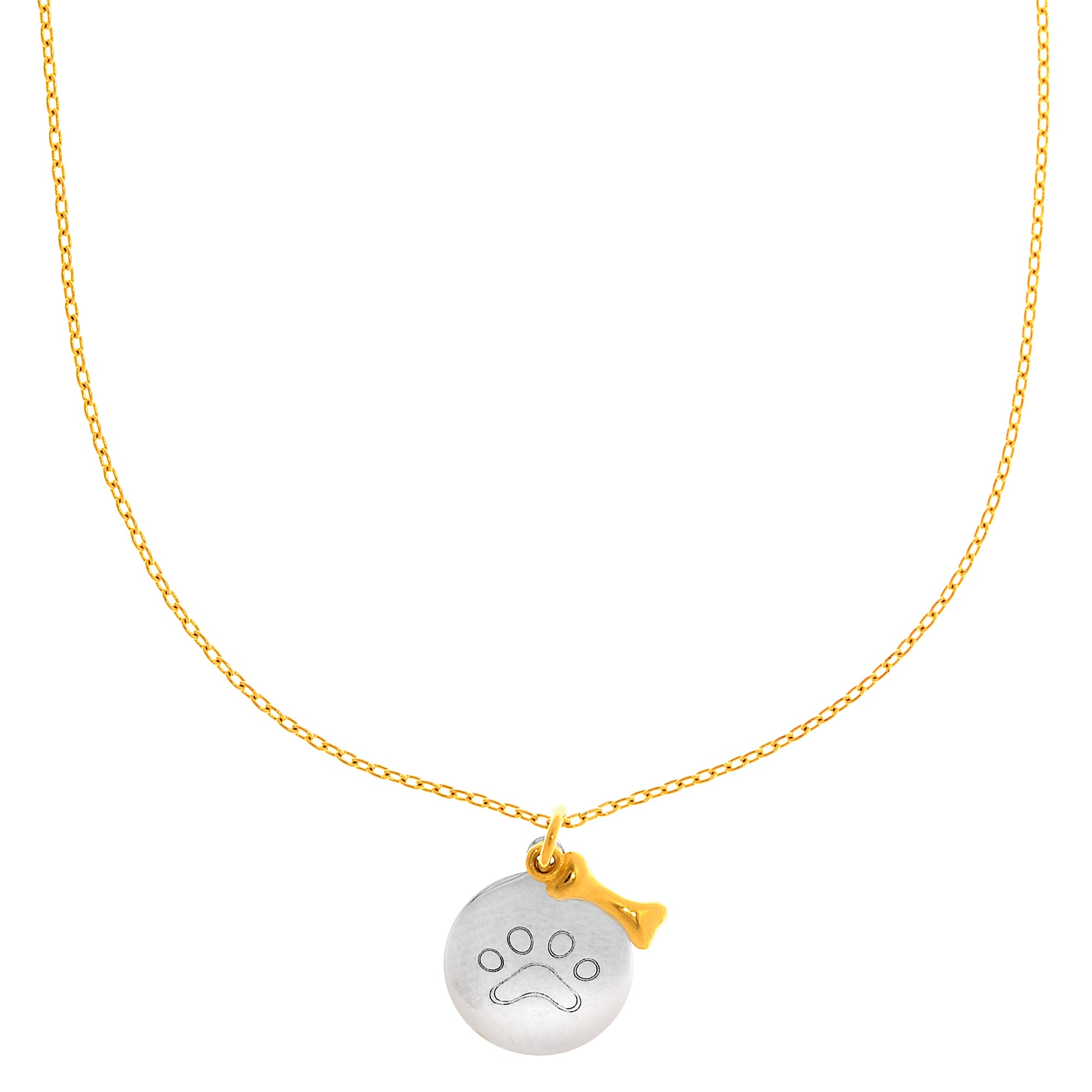 14k White Gold Round Paw Charm And Dog Bone Pendant Necklace, 17" fine designer jewelry for men and women