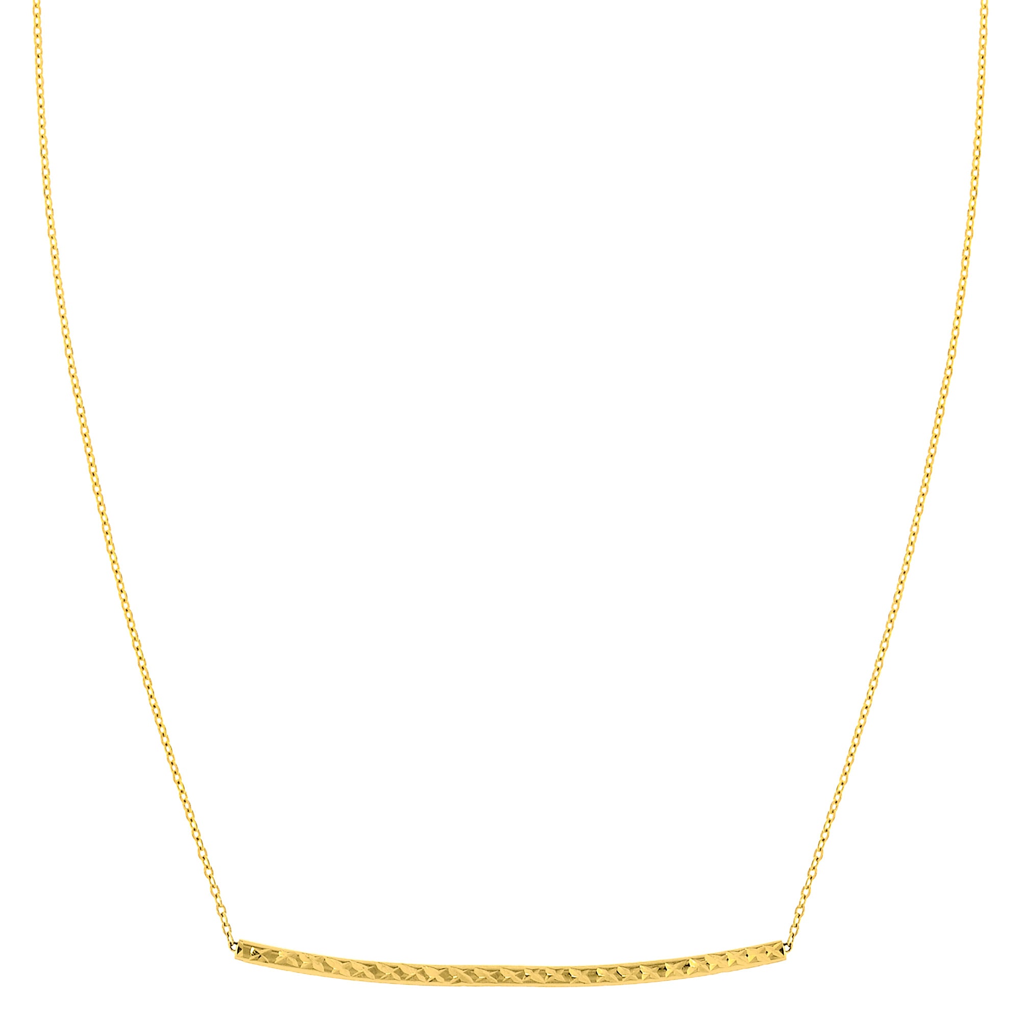 14K Yellow Gold Sideways Curved Bar Pendant Necklace, 17" fine designer jewelry for men and women