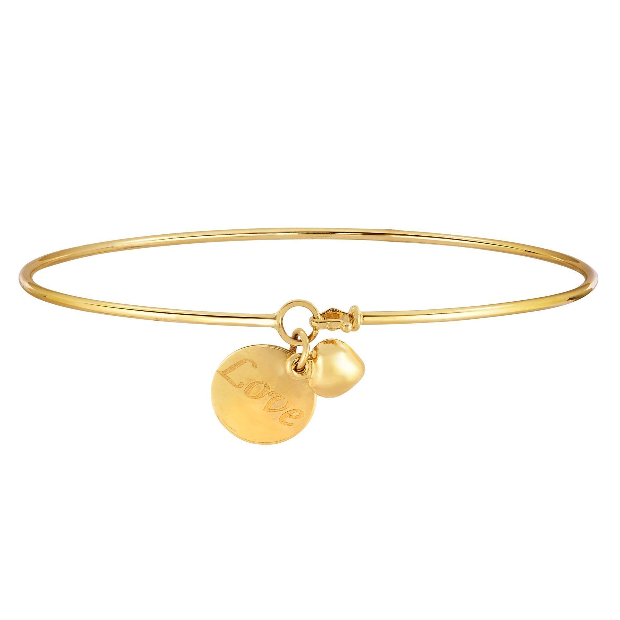 14k Yellow Gold Shiny Thin Bangle with Puff Heart And Love Engraved Plate Charm, 7.25" fine designer jewelry for men and women