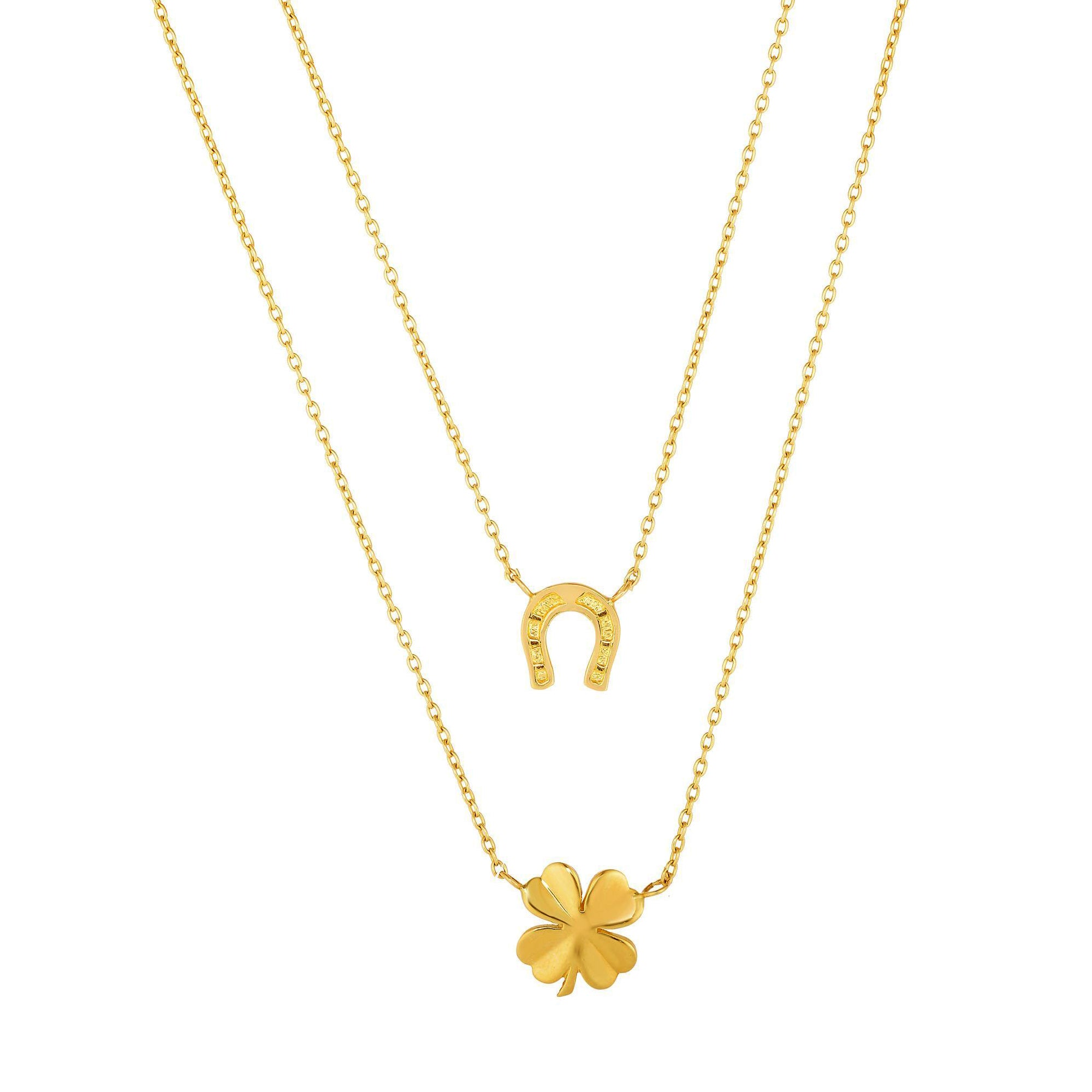 14k Yellow Gold Four Clover Horse Shoe Chain Necklace, 17" fine designer jewelry for men and women