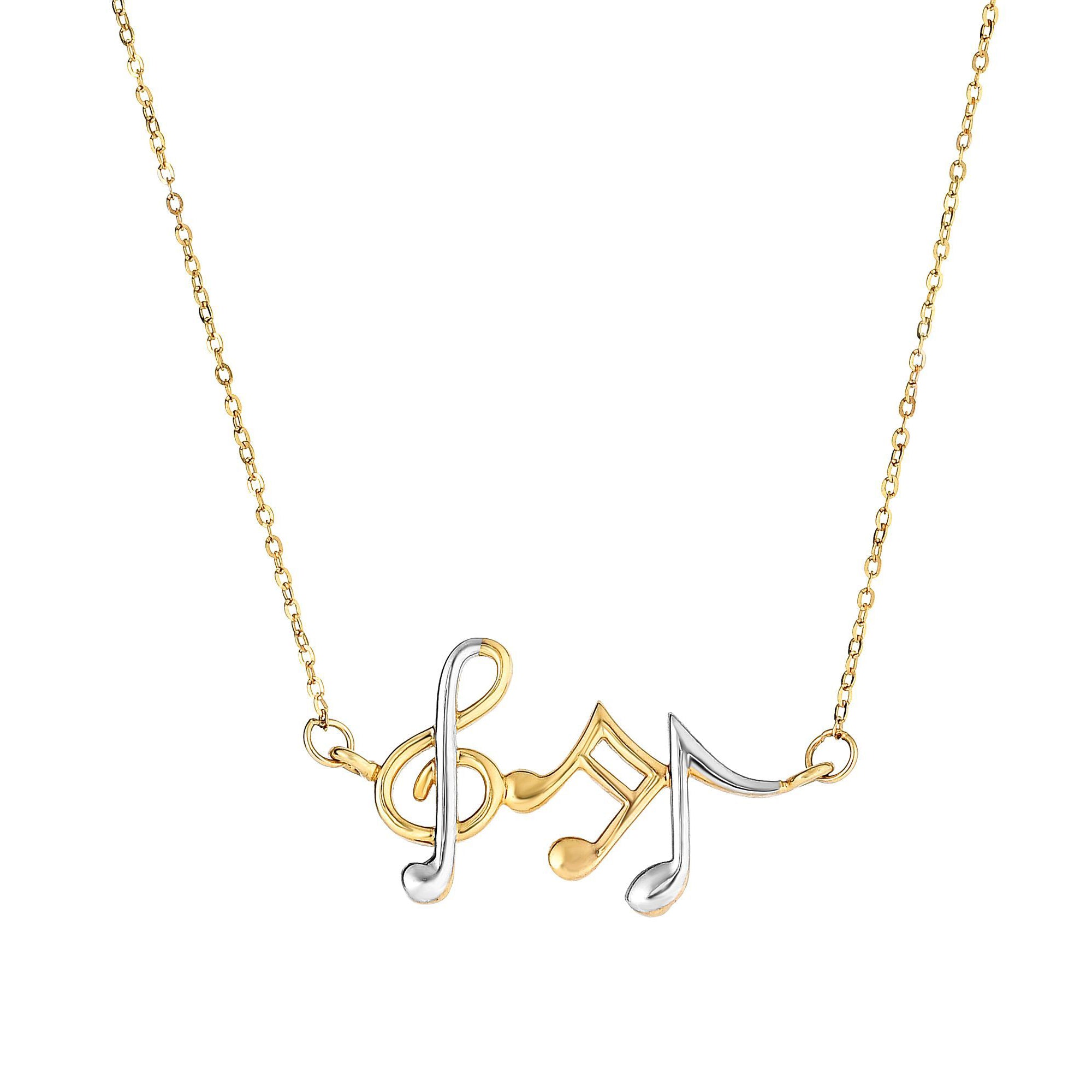 14k Yellow And White Gold Musical Notes Cable Chain Necklace, 17" fine designer jewelry for men and women