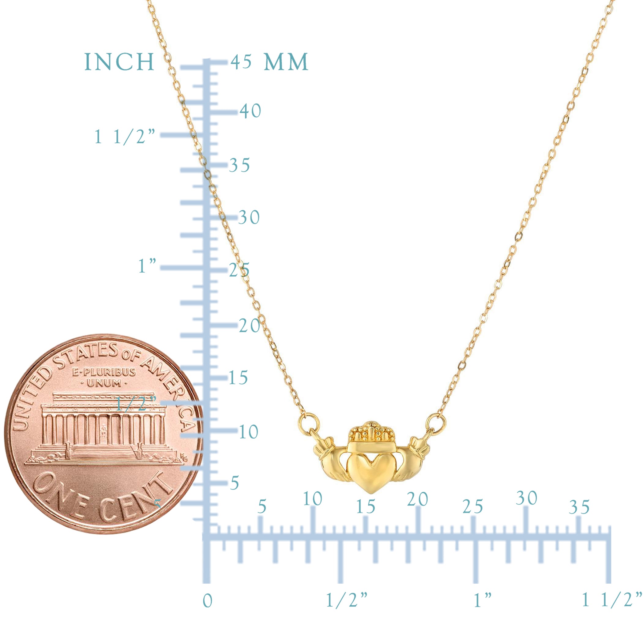 14k Yellow Gold Polished Claddagh Center Charm On Chain Necklace, 17" fine designer jewelry for men and women
