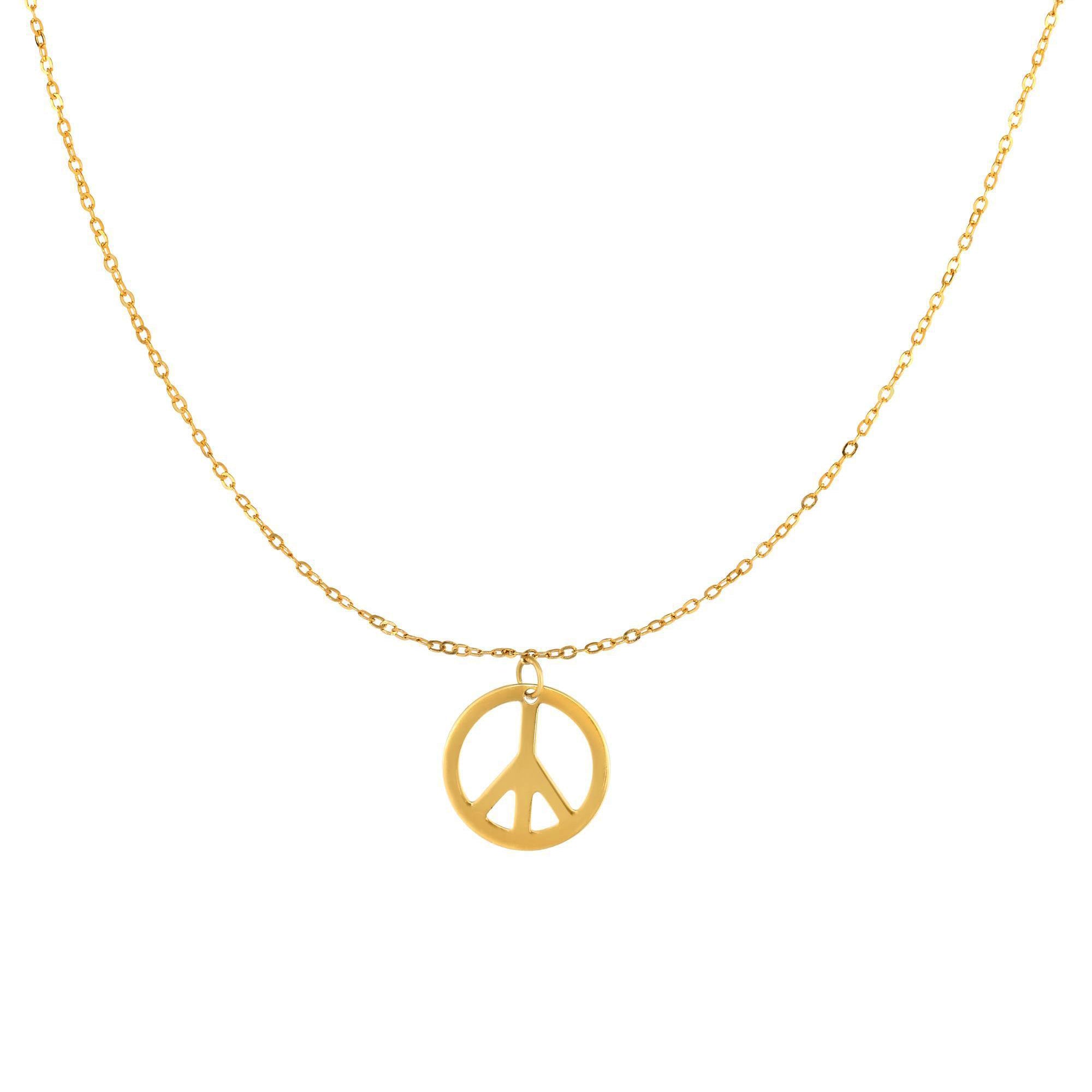 14k Yellow Gold Polished Peace Symbol Charm Link Chain Necklace, 17" fine designer jewelry for men and women
