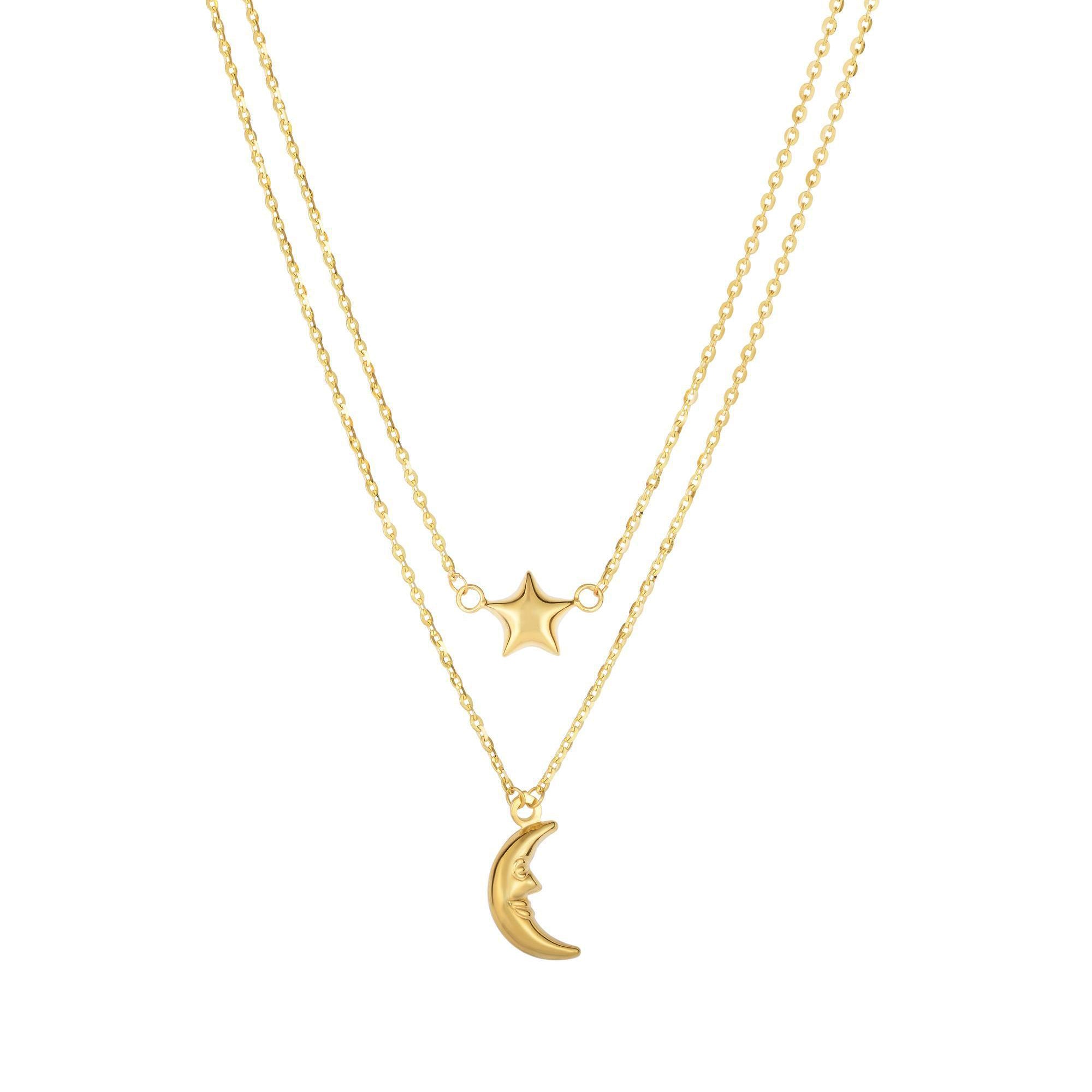 10K Yellow Gold Moon And Star Layered Pendant Necklace, 17" fine designer jewelry for men and women