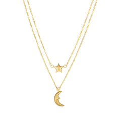 14k Yellow Gold Moon And Star On Single In to Double Graduated Strand Necklace, 18" fine designer jewelry for men and women