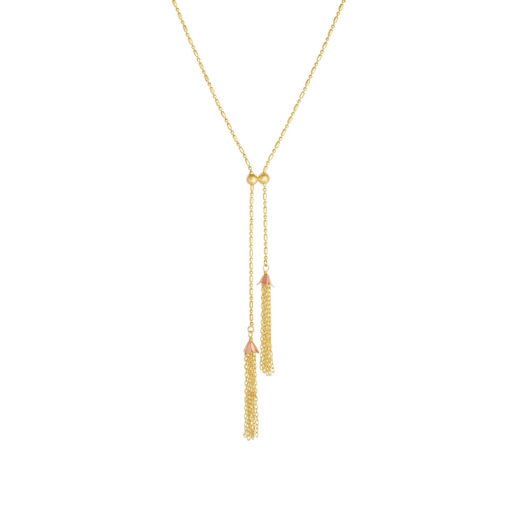 14k Yellow And Rose Gold Double Tassel Necklace, 18" fine designer jewelry for men and women