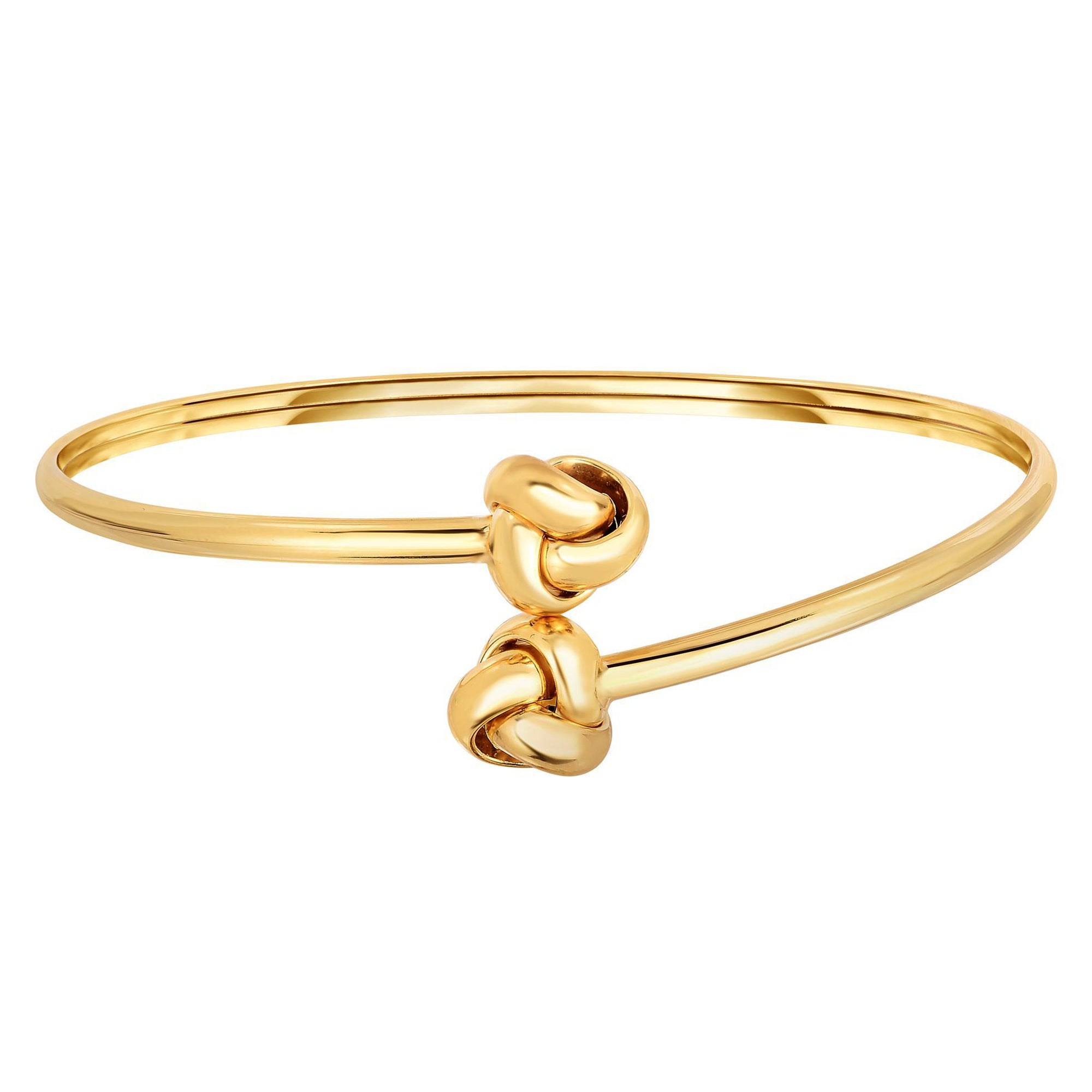 14k Yellow Gold Shiny Double Love Knot Tip Fancy Bypass Fancy Bangle, 7.25" fine designer jewelry for men and women