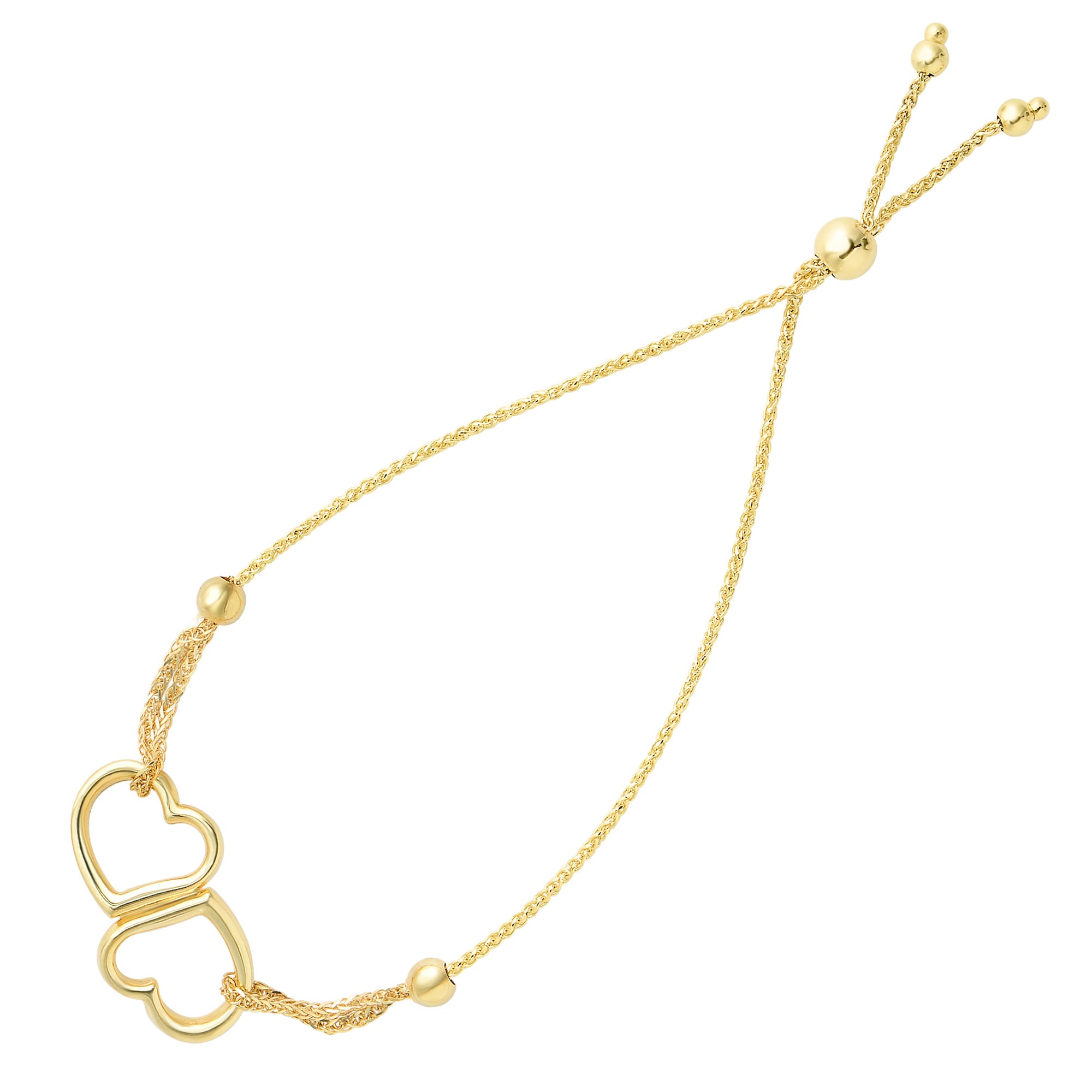 Double Open Heart Center Element Bolo Friendship Adjustable Bracelet In 14K Yellow Gold, 9.25" fine designer jewelry for men and women