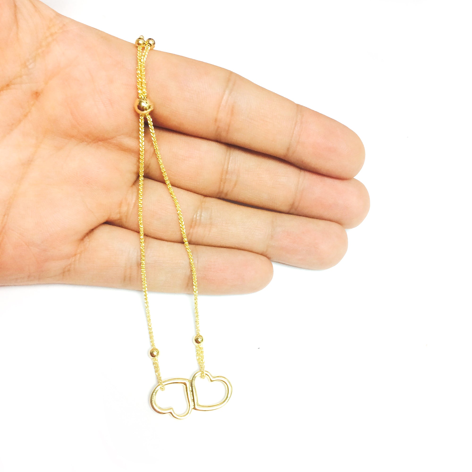 Double Open Heart Center Element Bolo Friendship Adjustable Bracelet In 14K Yellow Gold, 9.25" fine designer jewelry for men and women