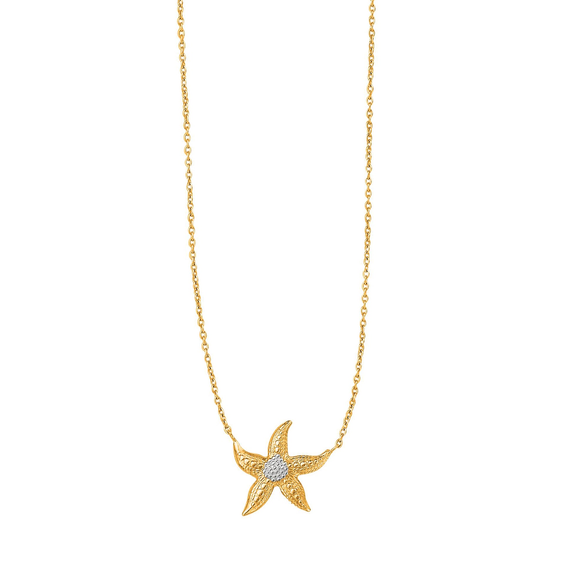 14K Yellow And White Gold Starfish Sea Life Chain Necklace, 18" fine designer jewelry for men and women