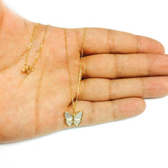 14K Yellow Gold Mother Of Pearl Butterfly Pendant Necklace, 18" fine designer jewelry for men and women