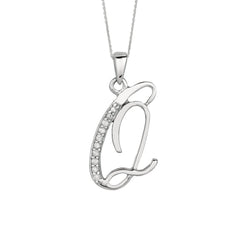 "Q" Sterling Silver Rhodium Plated Script Initial Letter With Diamonds On 18 Inch Chain ( 0.05 Tcw)