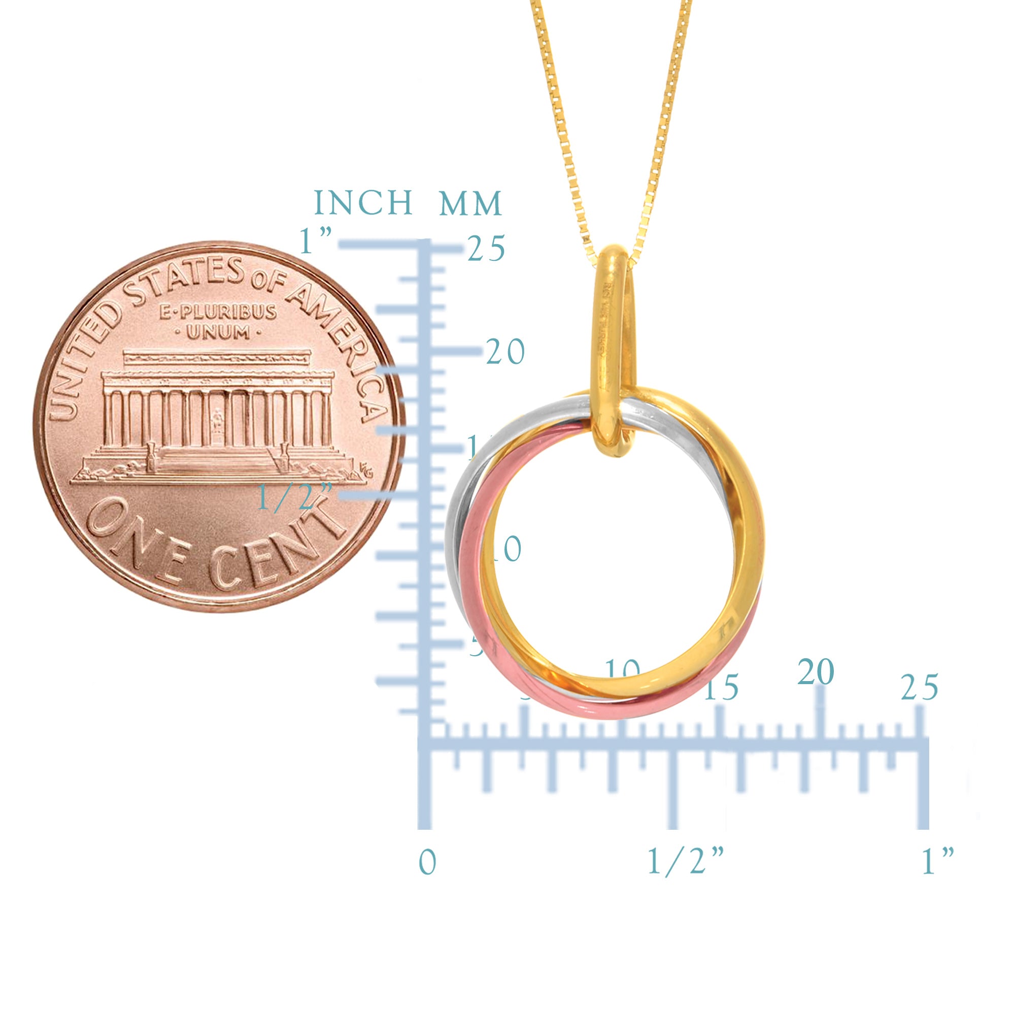 14k Tricolor Rose Gold Open Trinity Ring Pendant Necklace, 18" fine designer jewelry for men and women