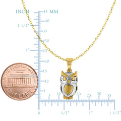 14k Yellow And White Gold High Polished Satin Owl Pendant Necklace, 18" fine designer jewelry for men and women