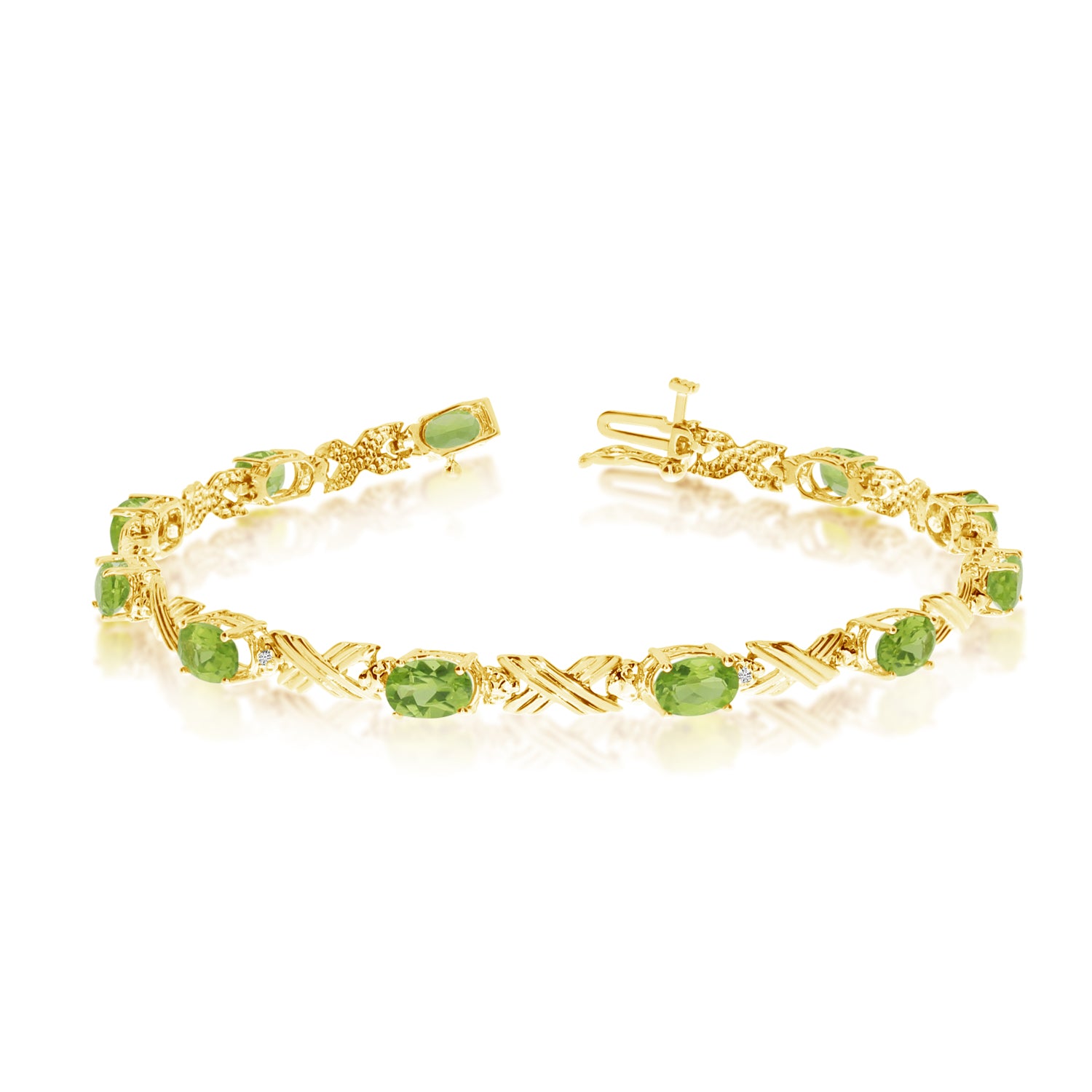 10K Yellow Gold Oval Peridot Stones And Diamonds Tennis Bracelet, 7" fine designer jewelry for men and women