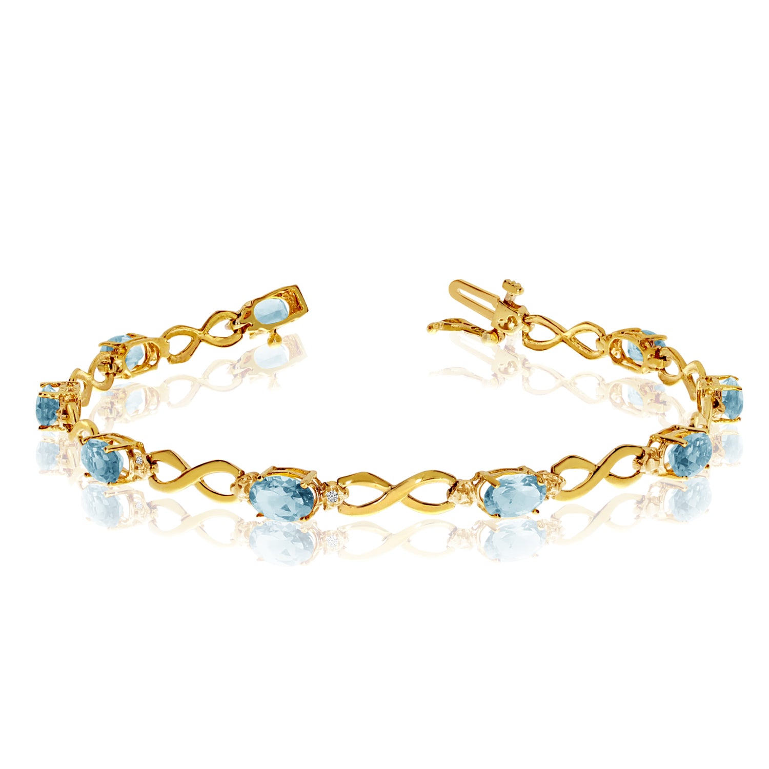 10K Yellow Gold Oval Aquamarine Stones And Diamonds Infinity Tennis Bracelet, 7" fine designer jewelry for men and women