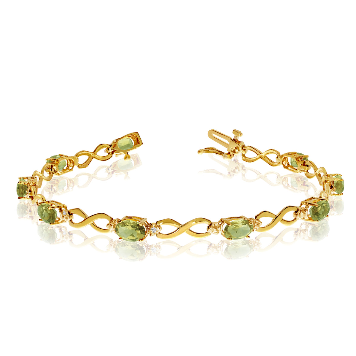 10K Yellow Gold Oval Peridot Stones And Diamonds Infinity Tennis Bracelet, 7" fine designer jewelry for men and women