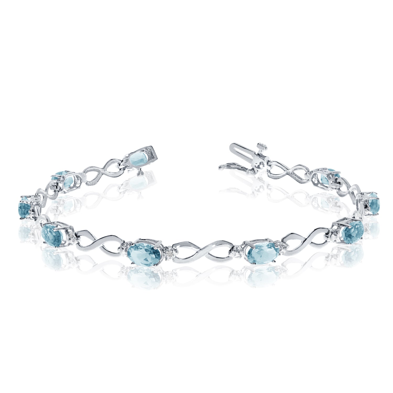 14K White Gold Oval Aquamarine Stones And Diamonds Infinity Tennis Bracelet, 7" fine designer jewelry for men and women