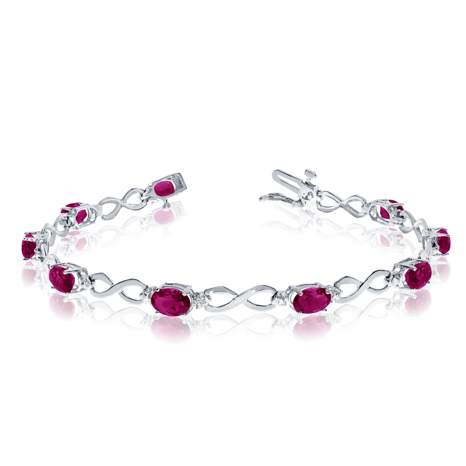 14K White Gold Oval Ruby Stones And Diamonds Infinity Tennis Bracelet, 7" fine designer jewelry for men and women