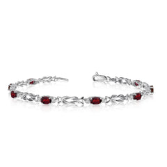 14K White Gold Oval Garnet Stones And Diamonds Tennis Bracelet, 7" fine designer jewelry for men and women