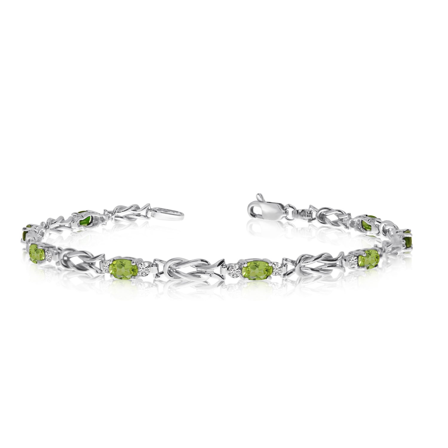 14K White Gold Oval Peridot Stones And Diamonds Tennis Bracelet, 7" fine designer jewelry for men and women