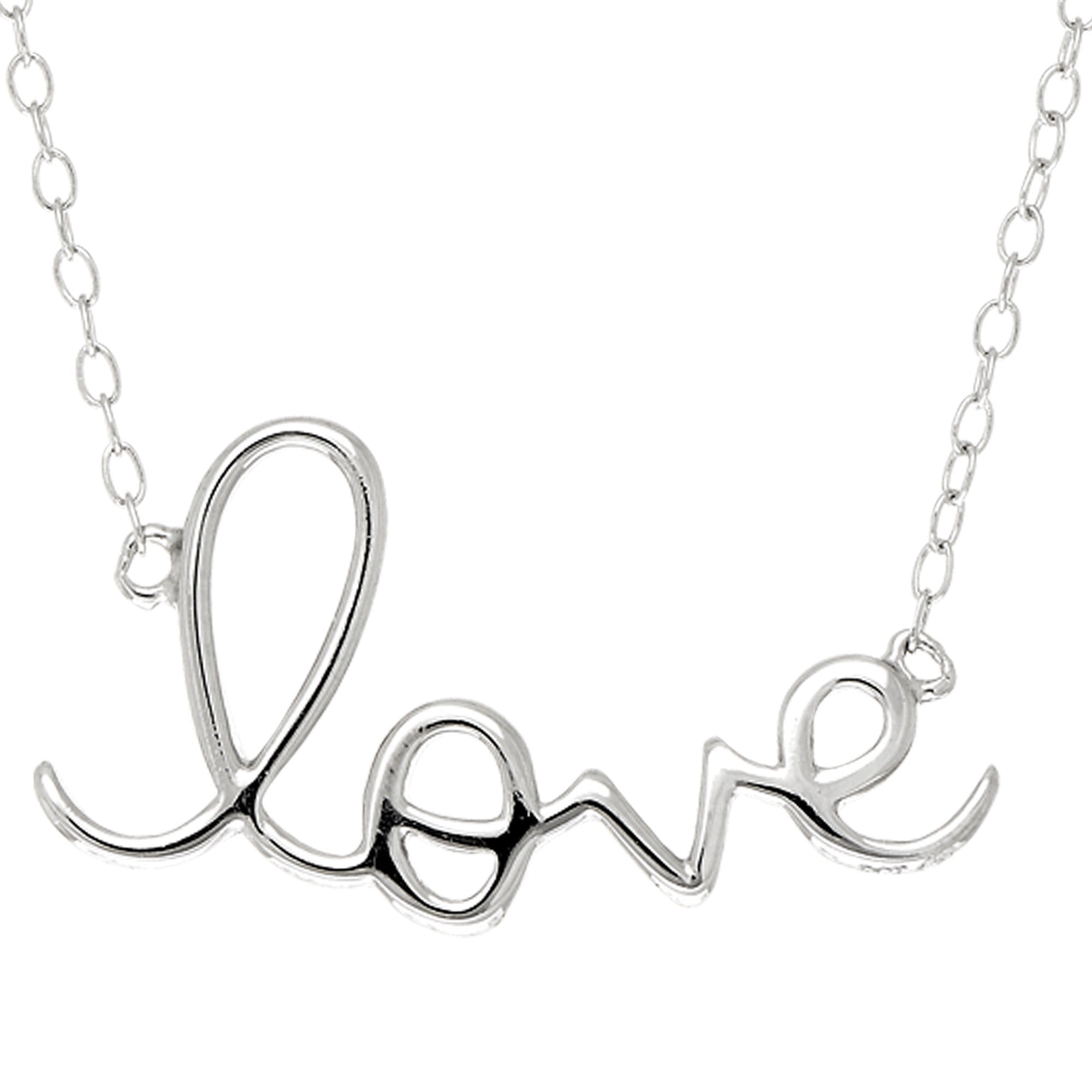 Script Love Logo Necklace In Rhodium Plated Sterling Silver - 18 Inches - JewelryAffairs