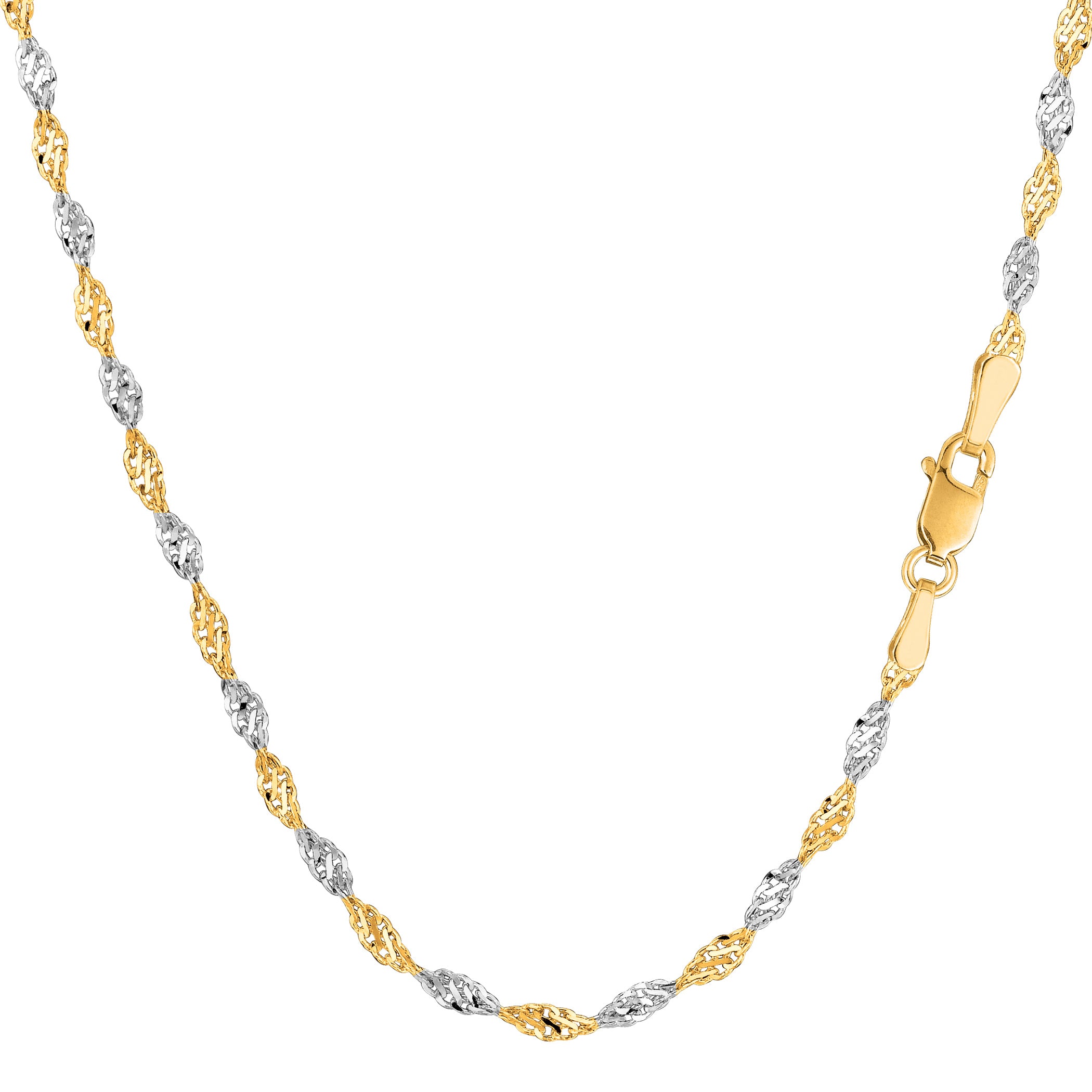 14k 2 Tone Yellow And White Gold Singapore Chain Necklace, 2.0mm fine designer jewelry for men and women