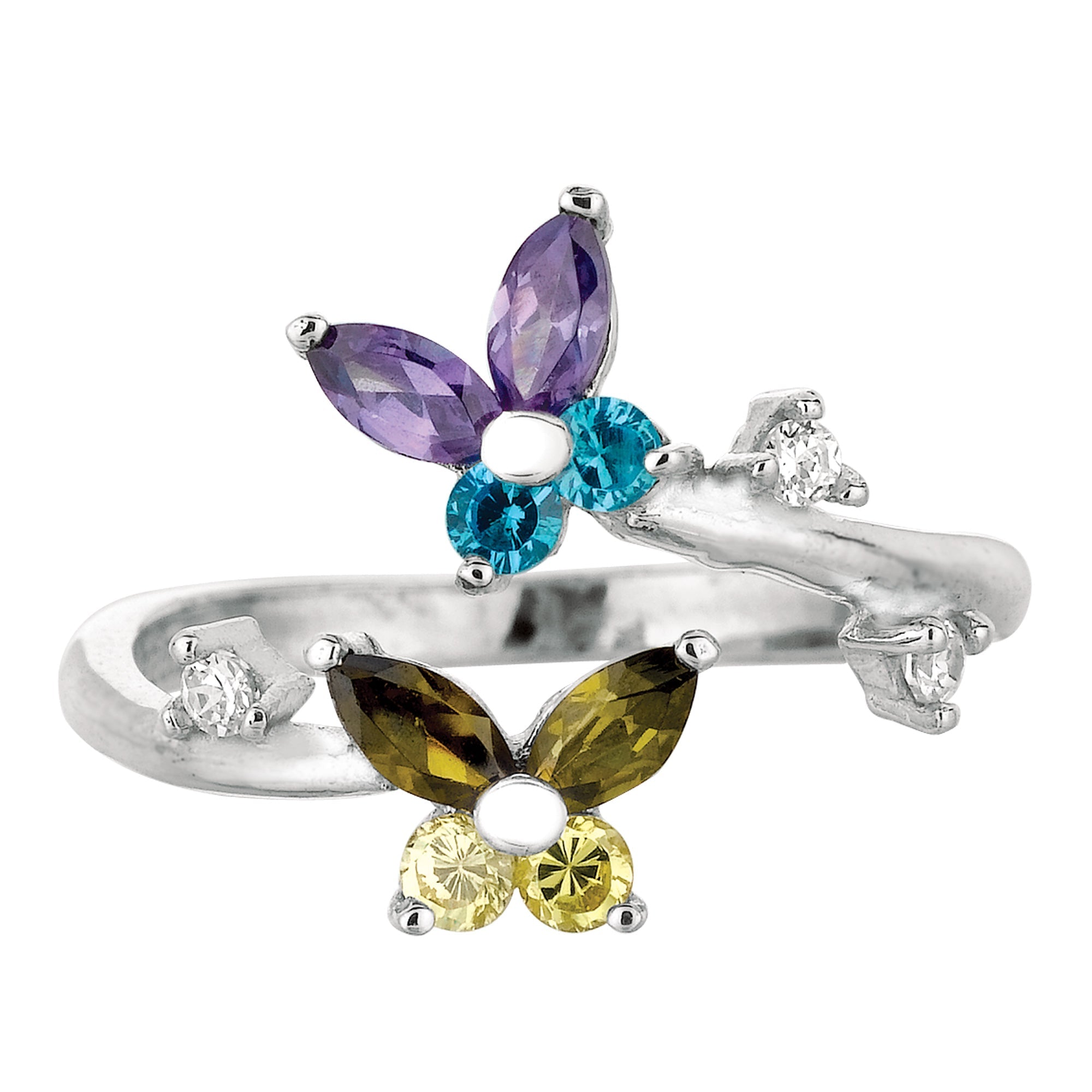 Sterling Silver Butterflies Colored CZ By Pass Style Adjustable Toe Ring - JewelryAffairs